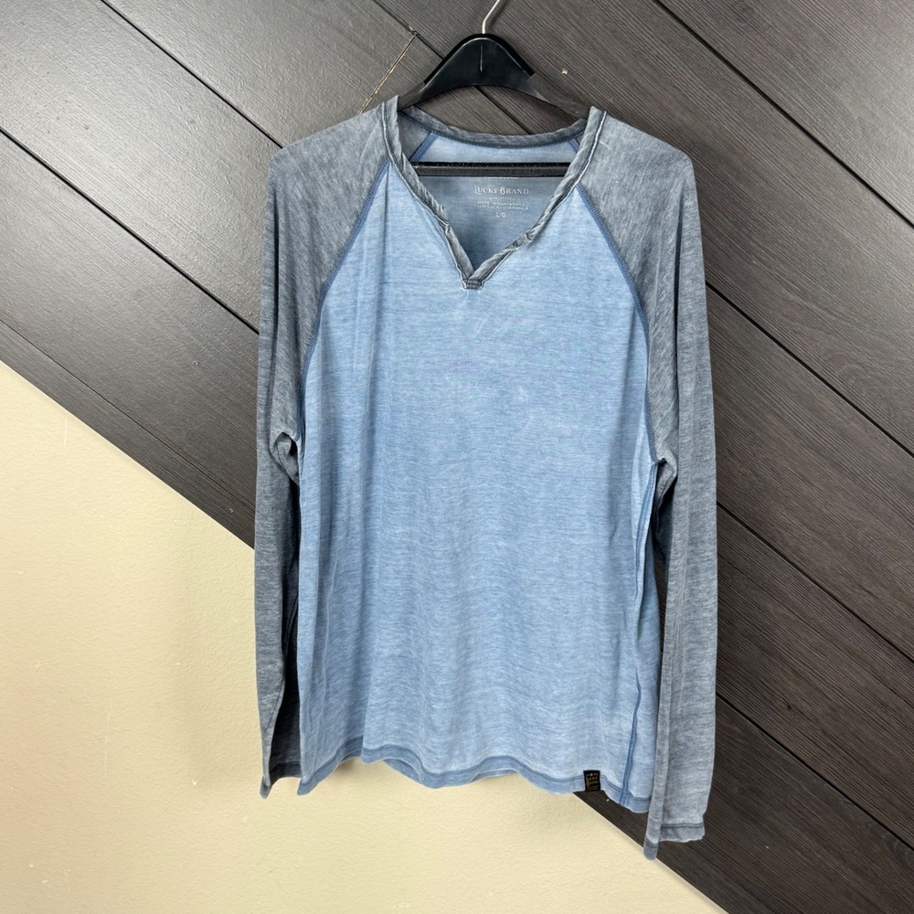 Lucky Brand Men's Large Burnout Raglan Long Sleeve Shirt Blue Gray Distressed